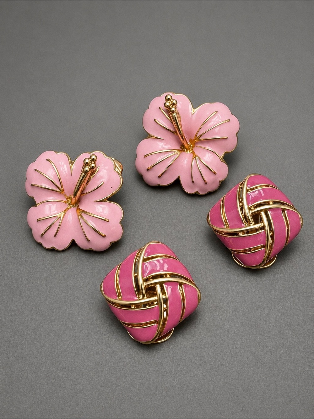 Vintage Pink Enamel Clip earrings 2pr